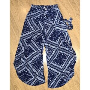 Japna Wrap Wide‎ Split Leg Tie Waist Navy Blue Patterned Boho Lounge Pants XS